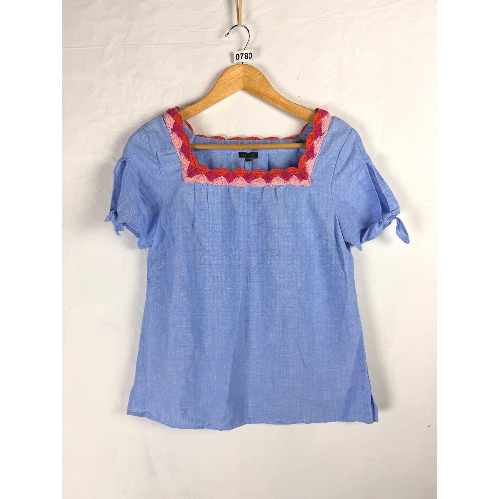 2/$30 NWT Talbots Blue Crochet Trim Linen Square Neck Short Sleeve Top XS